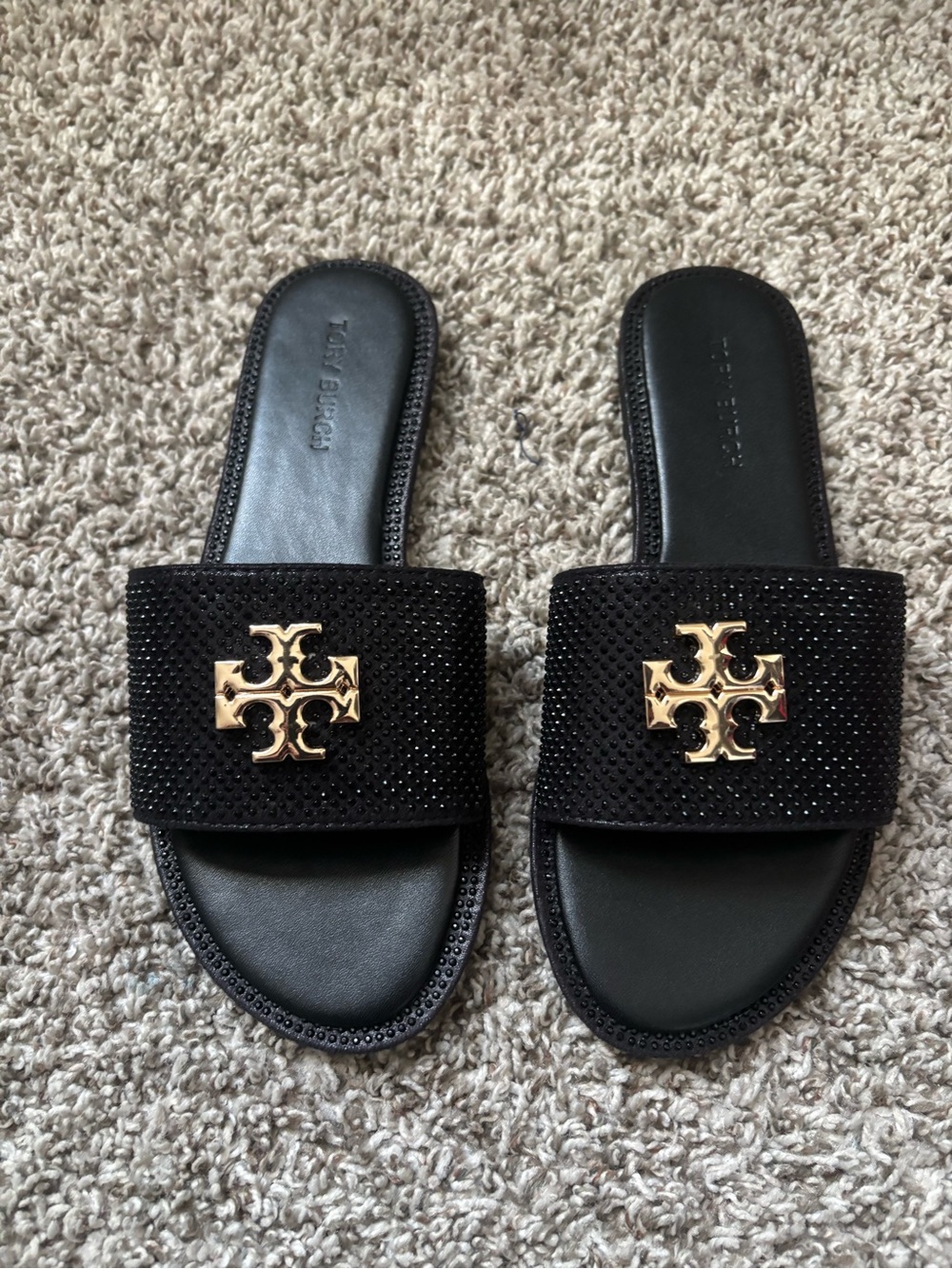 Tory Burch Black Leather rhinestone Logo Slide Sandals — Women's Slip-On - Picture 2 of 3